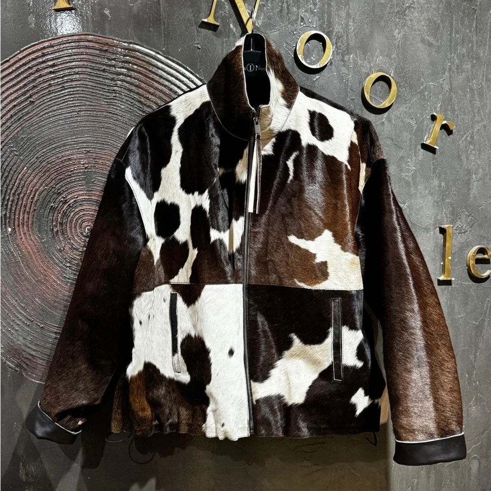 NWT Women's cow print calf hair western Brown and White genuine leather Jacket - Picture 5 of 15